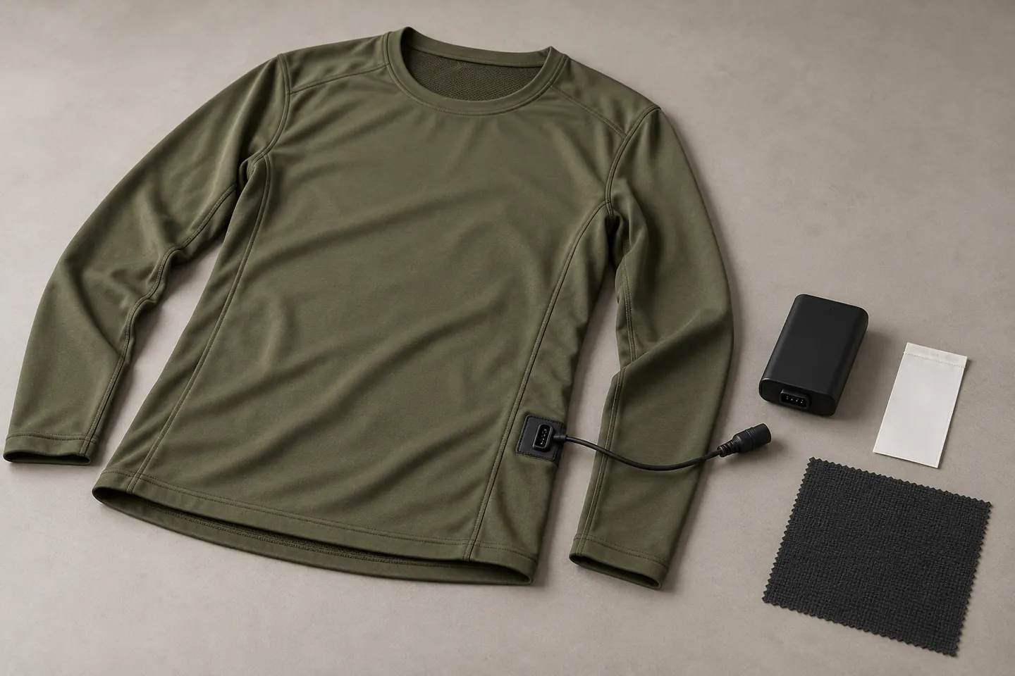 AI concept of an olive technical shirt beside a disconnected generic power module, blank care tag and fabric swatch