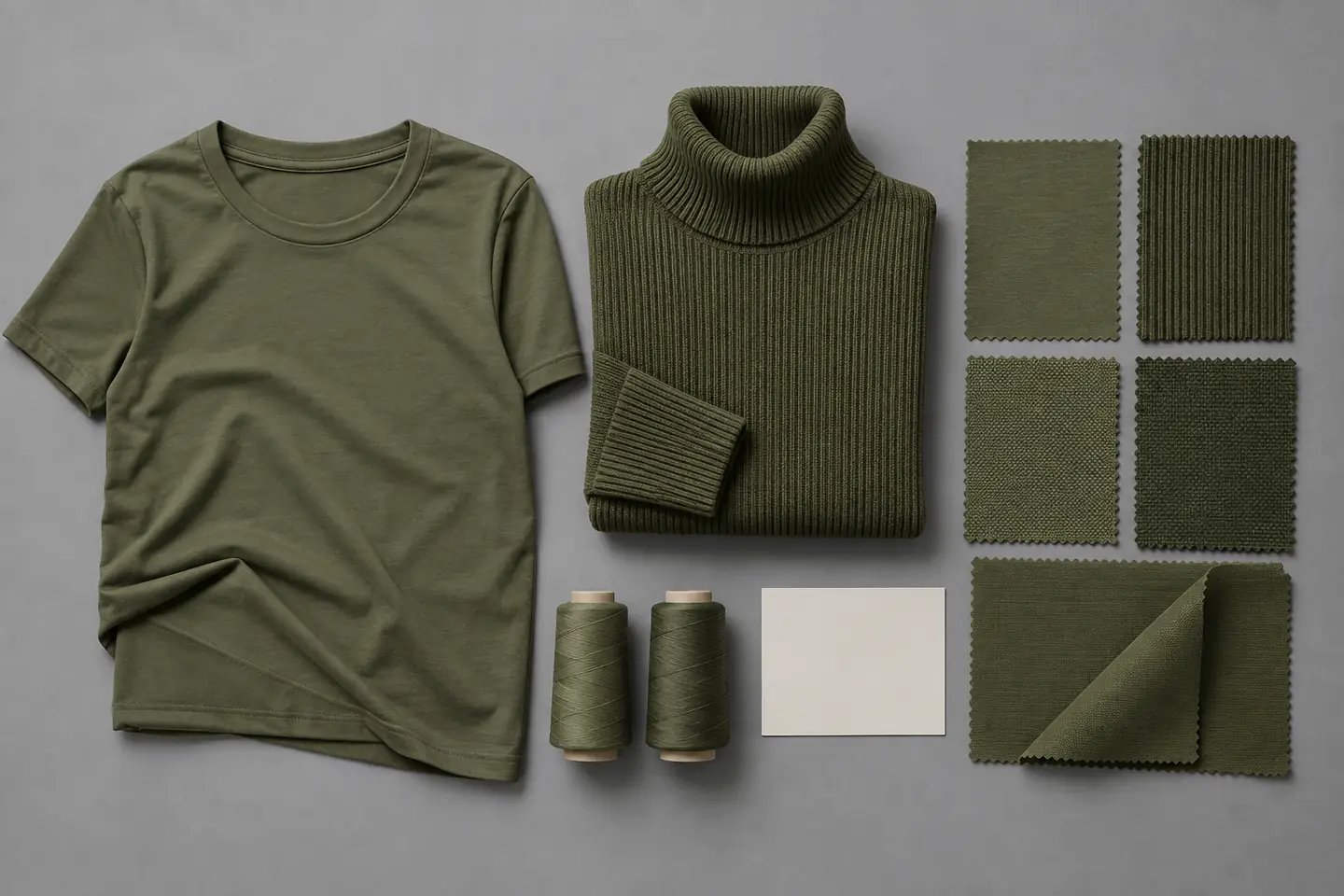Concept généré par IA présentant un T-shirt technique et un pull à col roulé olive, des échantillons de textures différentes, des cônes de fil et une carte d’approbation vierge