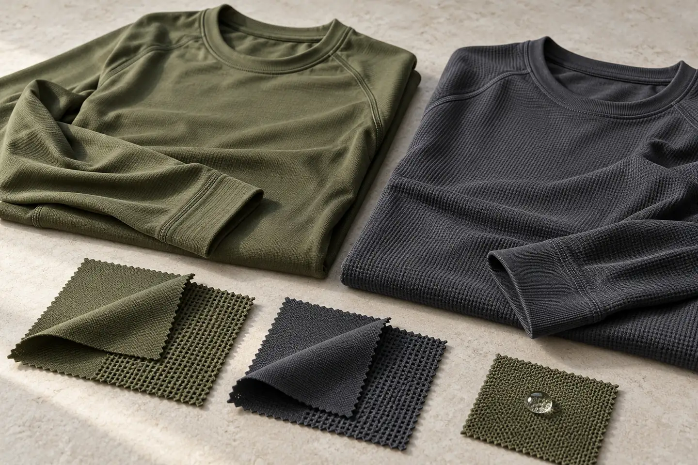 AI concept of olive and charcoal technical base-layer tops beside knit swatches, with one water droplet on a separate swatch