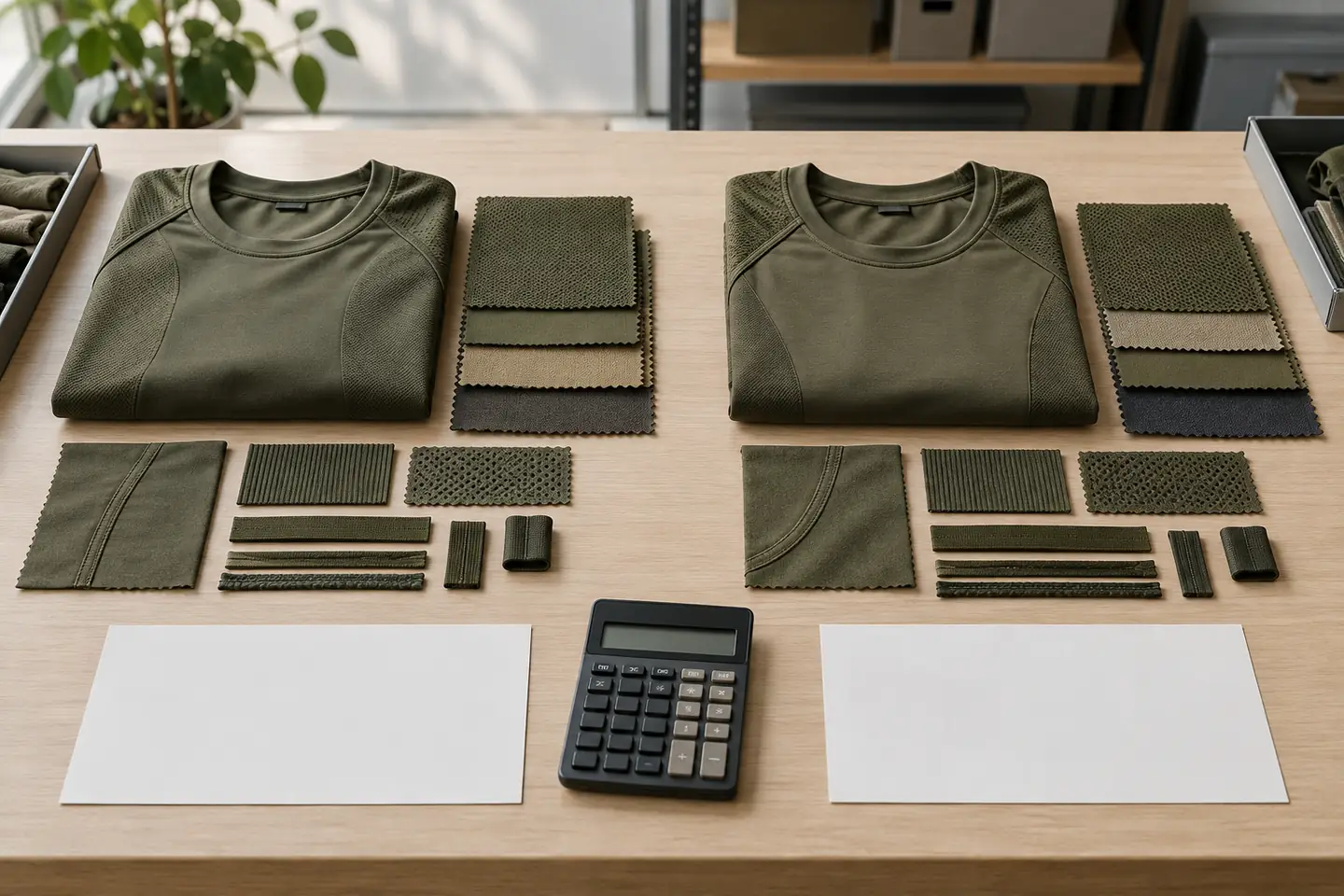AI concept showing two olive technical garment sample sets, fabric and trim swatches, blank quotation sheets and a calculator