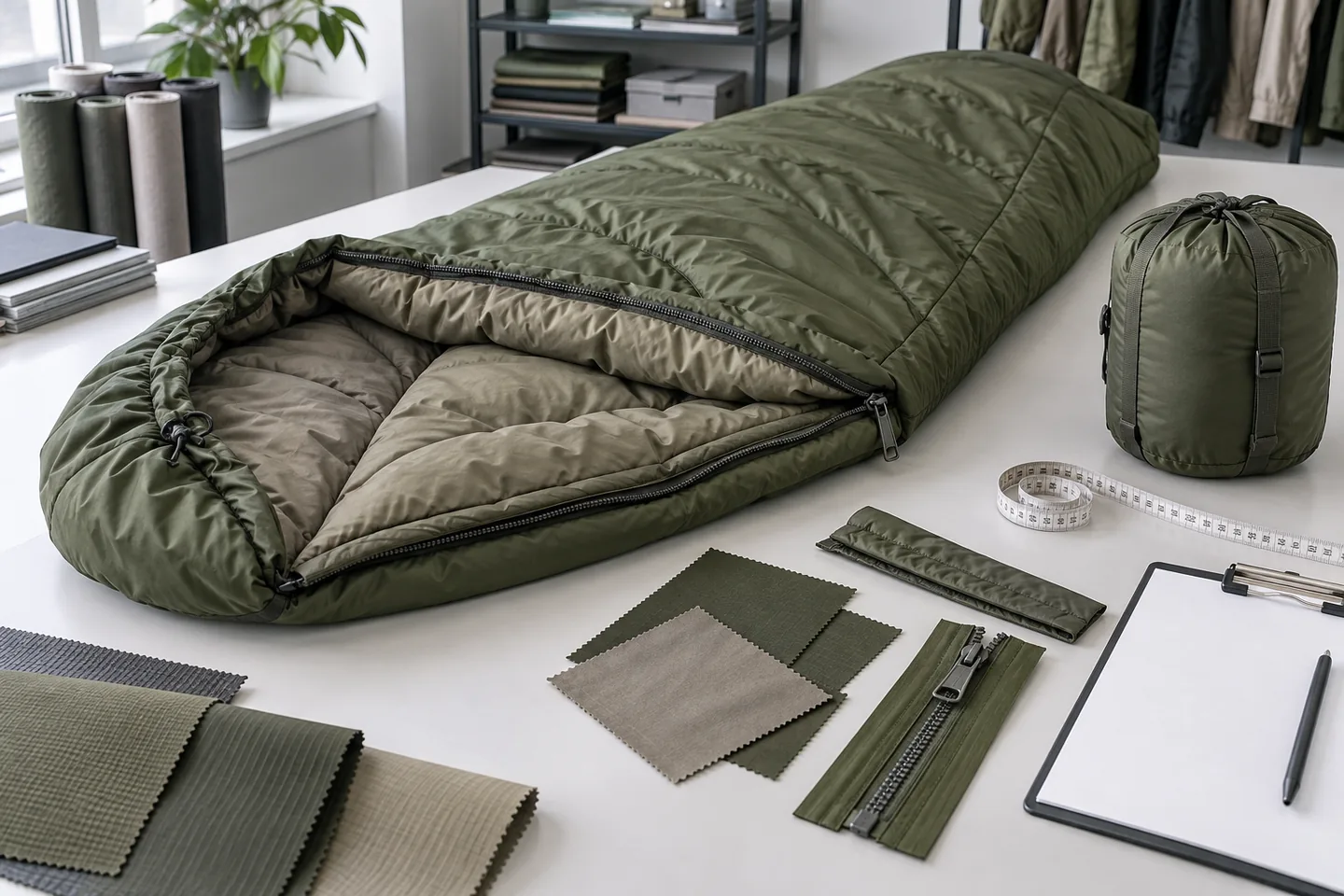 Concept generato con IA di sacco a pelo militare oliva con custodia, tessuti, zip e strumenti di misura per revisione OEM