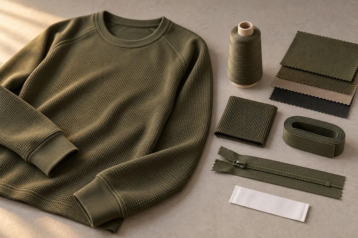 KI-Konzept eines olivgrünen Thermoshirts mit Garn, Rippbündchen, Elastik, Reißverschluss, leerem Etikett und Stoffmustern