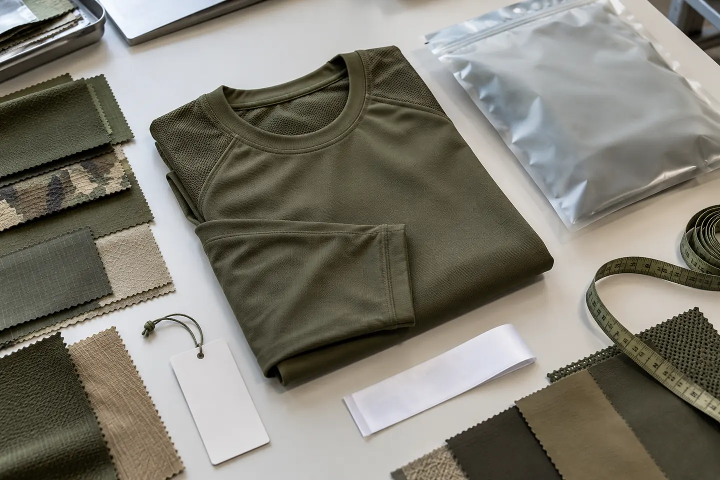 Concept IA di maglia tecnica oliva con etichetta e cartellino vuoti, busta e campioni di tessuto