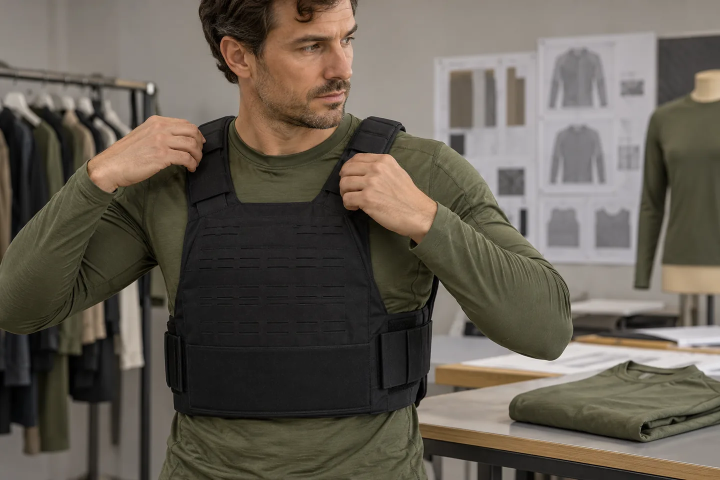 KI-Konzept eines Erwachsenen, der die Passform eines olivgrünen Langarm-Baselayers unter einer markenlosen Trainingsweste prüft