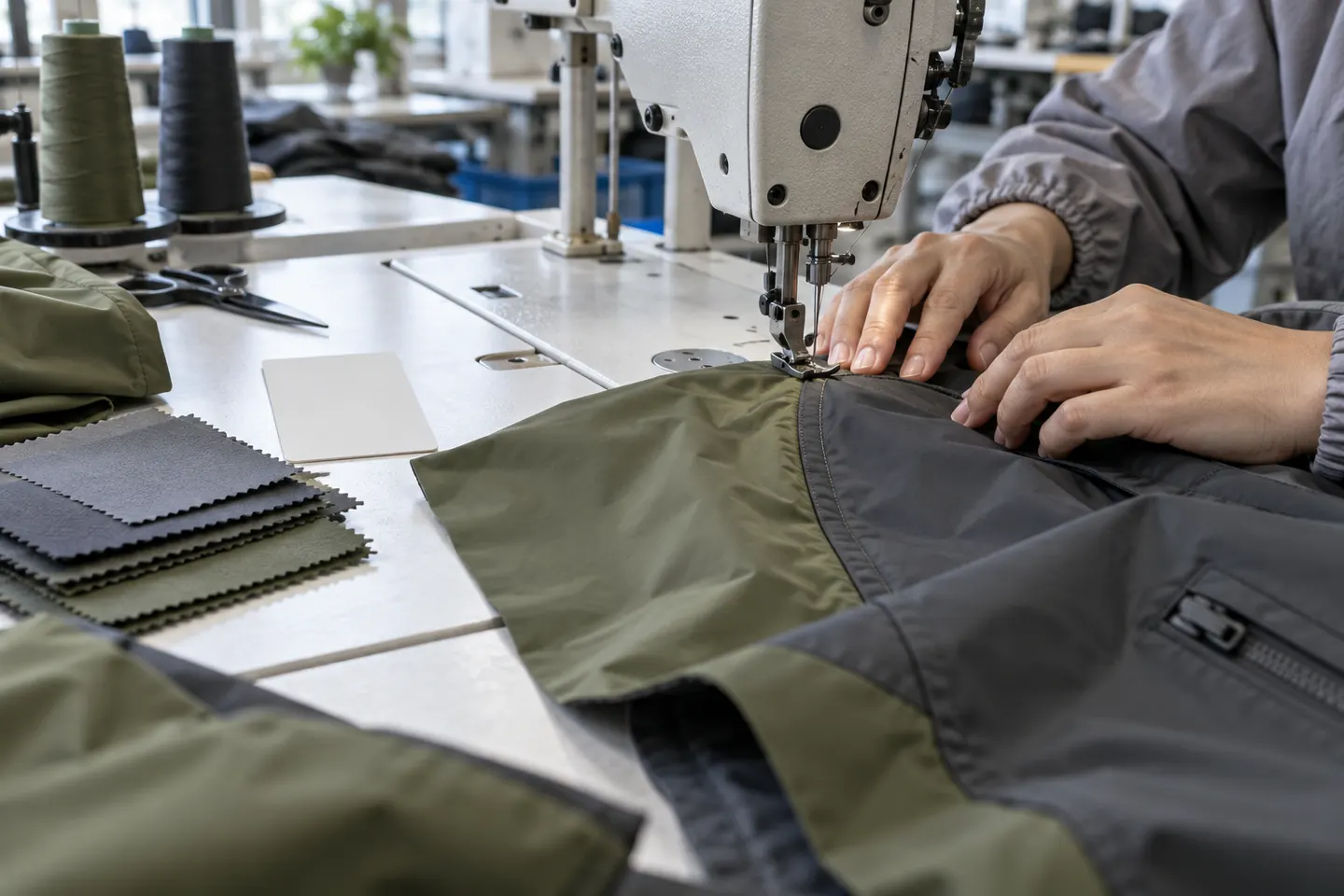 Concepto generado por IA de manos alineando paneles de tejido oliva y gris en una máquina de coser industrial junto a una ficha de inspección en blanco