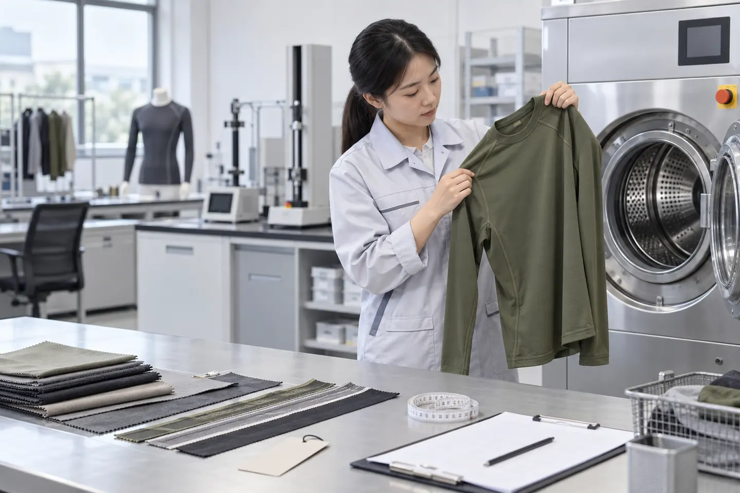 AI-generated concept of a Chinese textile technician inspecting an olive thermal garment beside garment-washing test equipment
