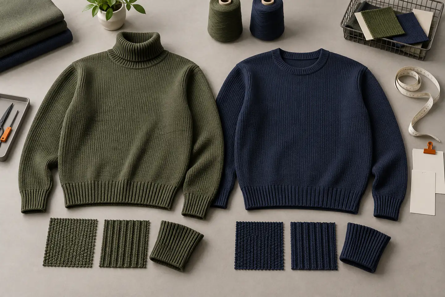 Concept IA di maglioni da addestramento oliva e blu navy con campioni di maglia, coste e strumenti di misura