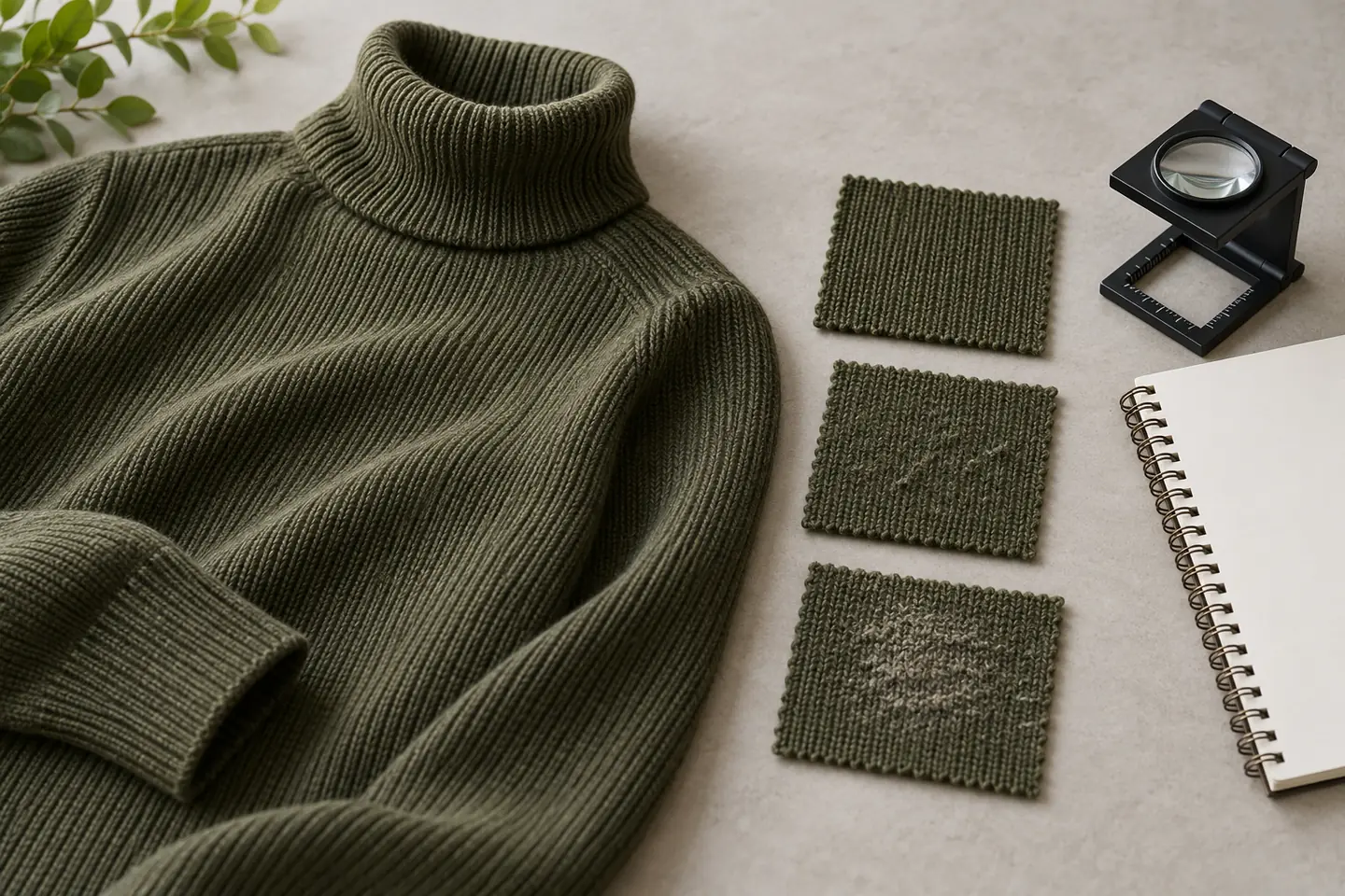 Concept IA d'un col roulé olive et d'échantillons de maille montrant l'usure près d'un carnet vierge
