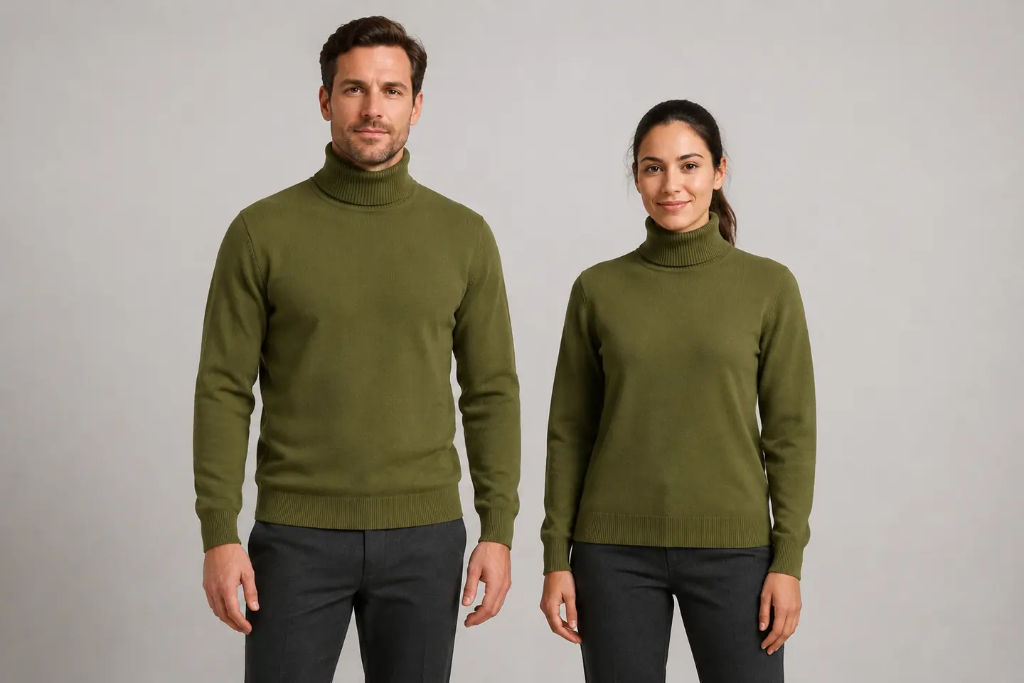 Un homme et une femme adultes portant des pulls à col roulé vert olive dans une illustration d’essayage générée par IA
