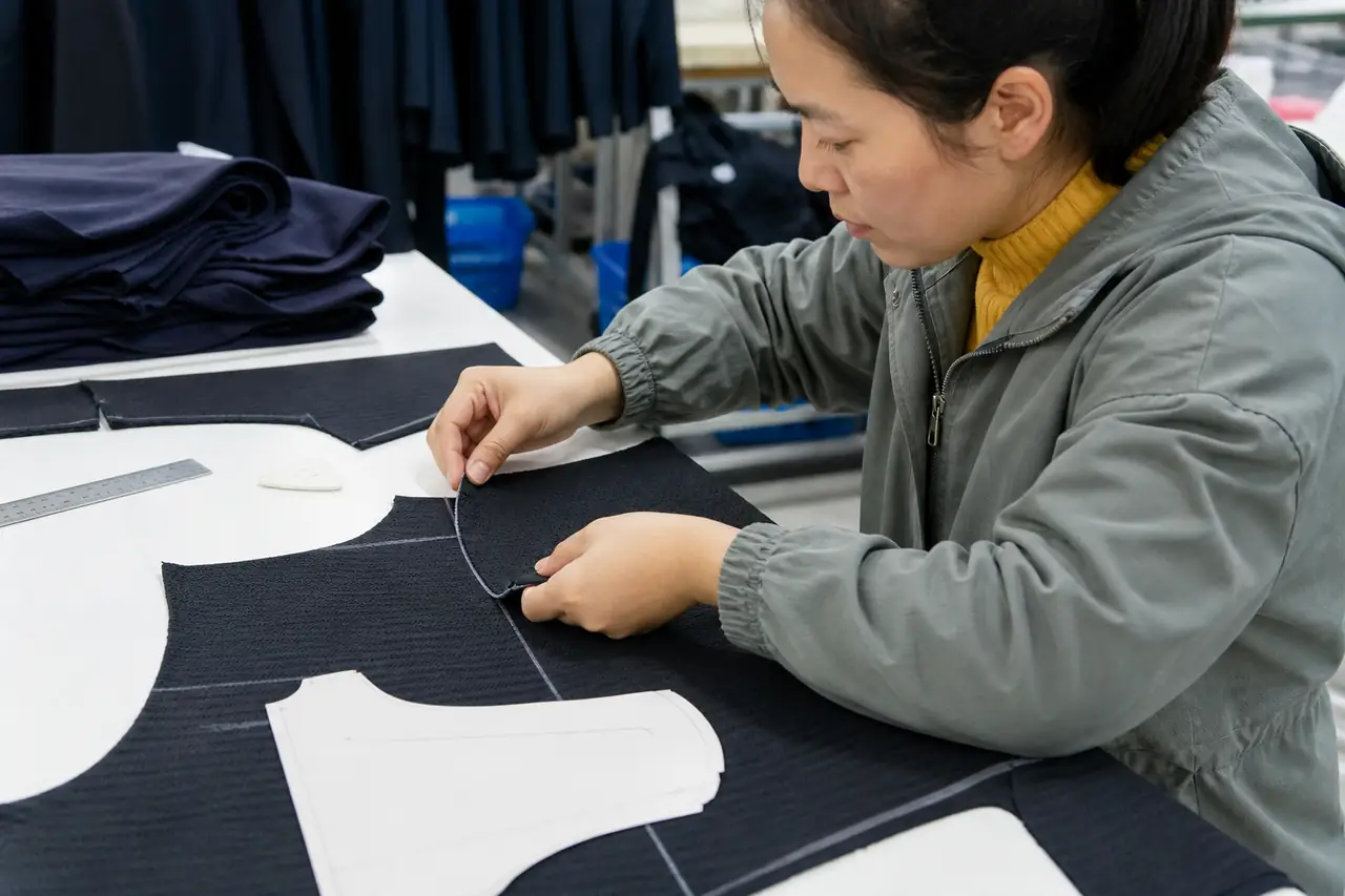 Chinese quality inspector checking matched technical apparel cut parts