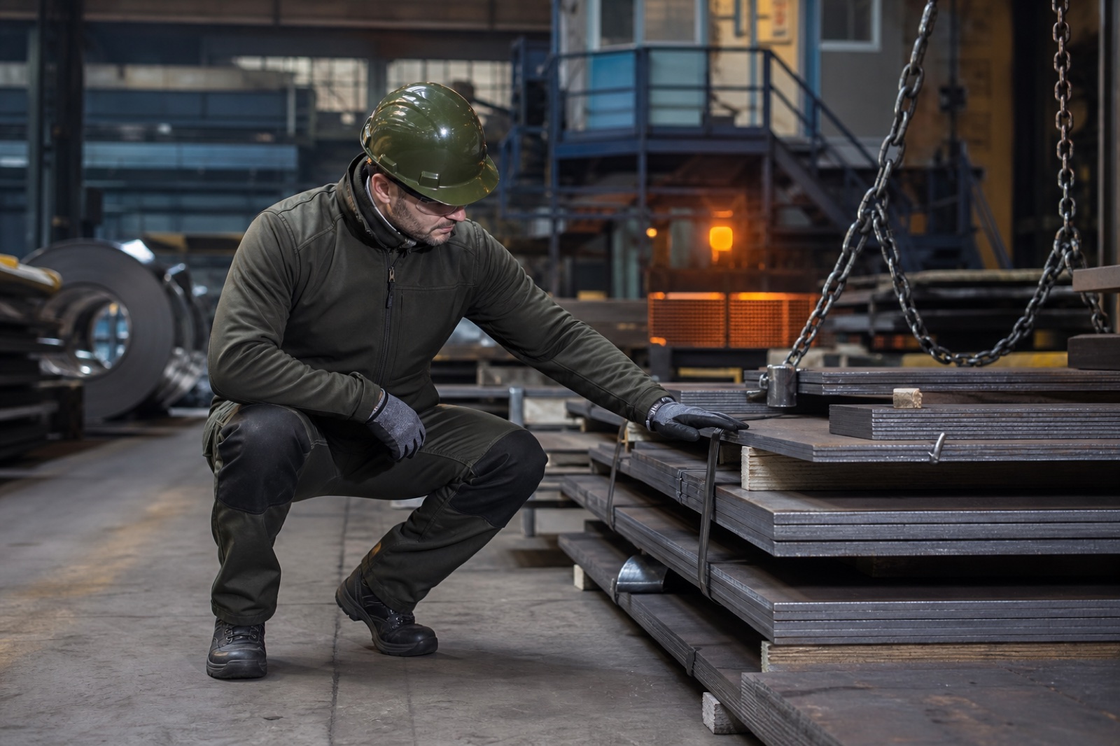 Industrial worker in protective thermal workwear inspecting steel materials