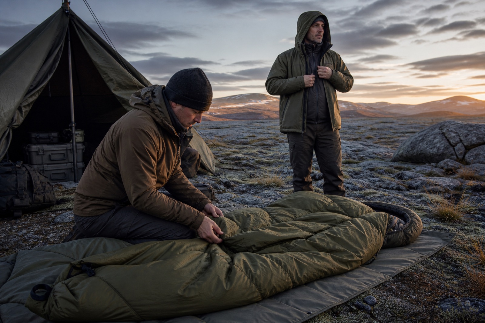 Outdoor field team preparing a thermal sleeping system in cold conditions
